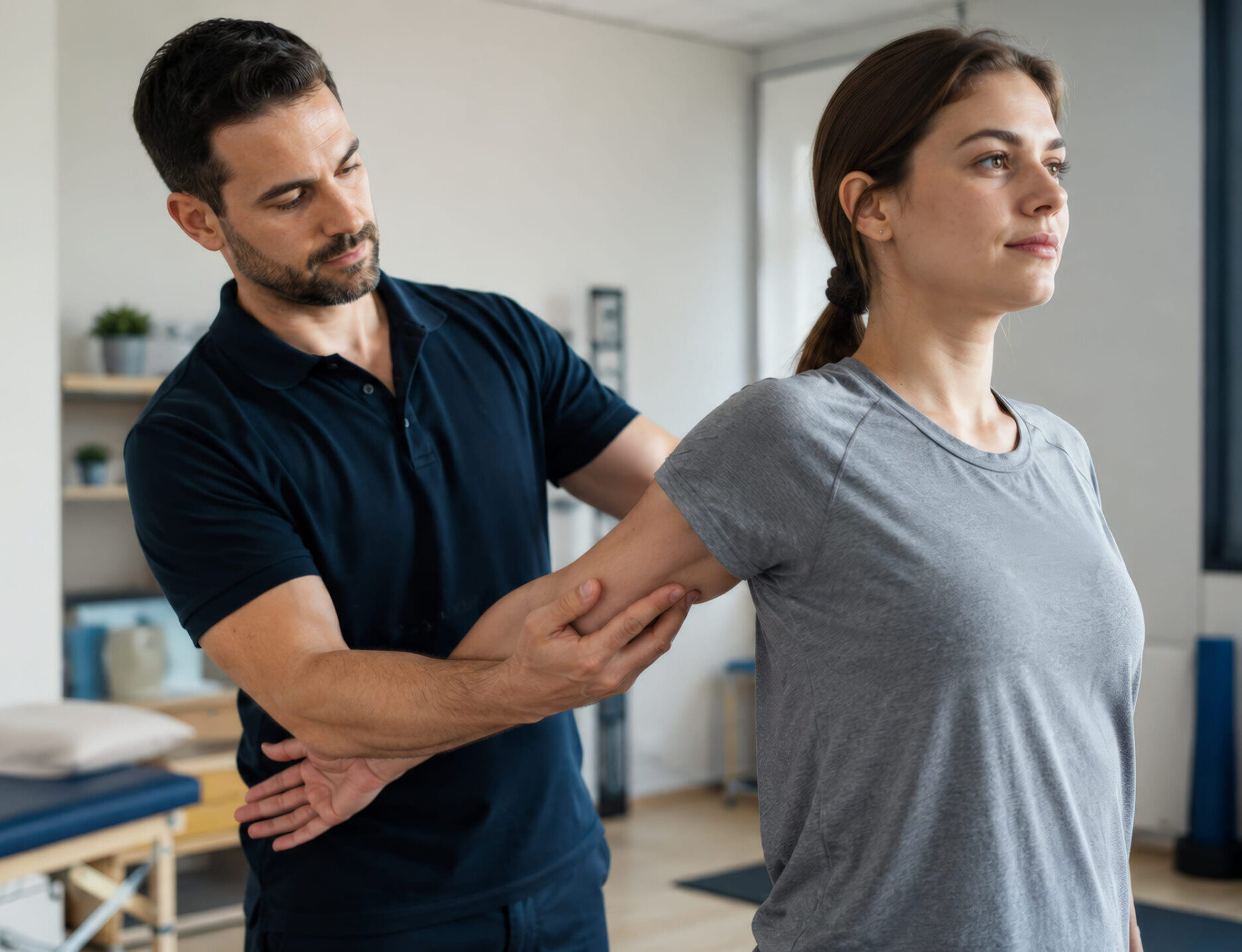 A male physiotherapist in a blue polo shirt assists a woman in a grey t-shirt with arm and shoulder stretches in a bright clinic featuring an anatomical chart on the wall